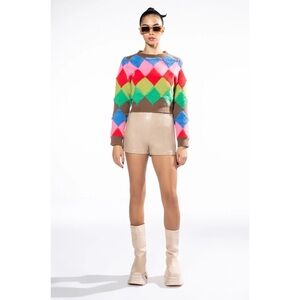 PRIVY Rainbow Colors Colorful Argyle Cropped Oversized Sweater